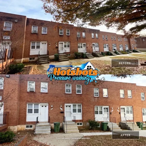 Row of brick townhomes before and after pressure washing, showing cleaner facades. Hotshots Pressure Washing logo included.